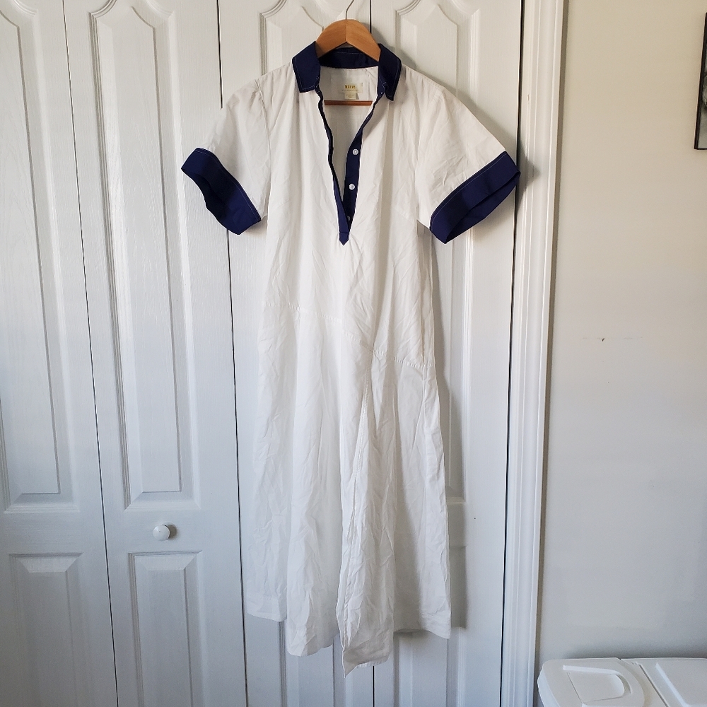 Anthropologie Maeve white blue short sleeve midi shirt Dress